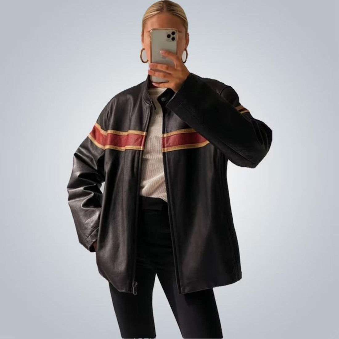 Women's Red Stripped Chest And Sleeves Oversized Leather Jacket