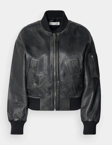 Women's Retro Polo Black Cropped Aviator Bomber Leather Jacket