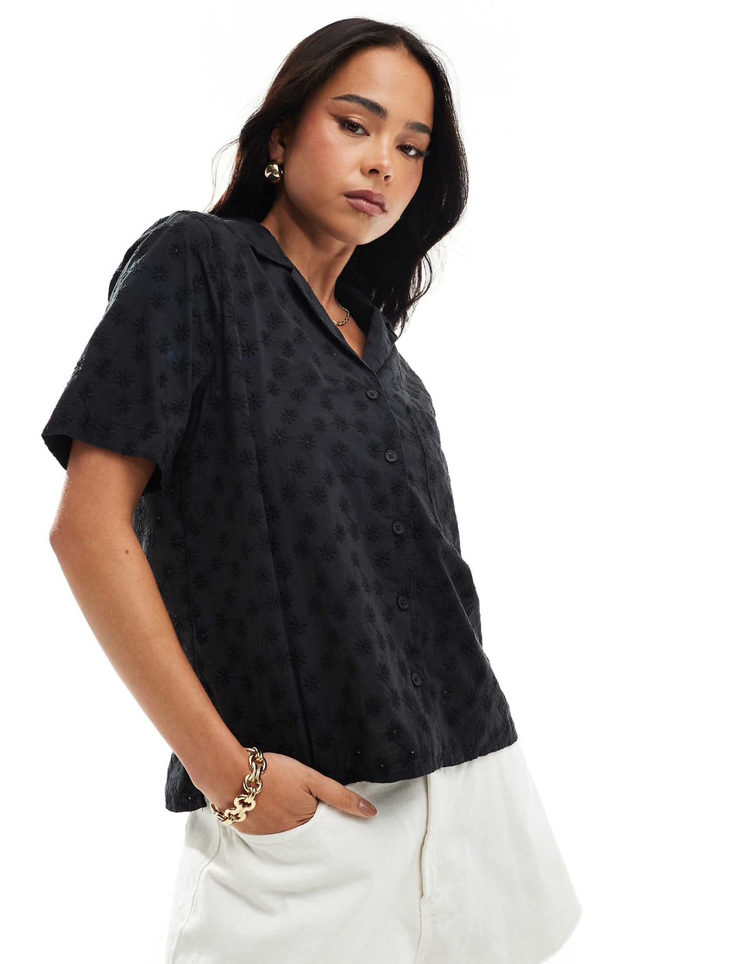 Camisa de manga corta con cuello de solapa para mujer