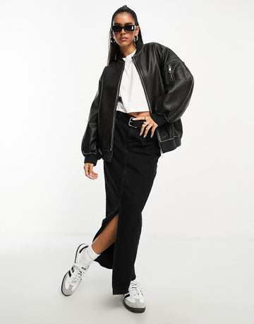 Women's Ribbed Cuffs and Hem Faux Bomber Leather Jacket
