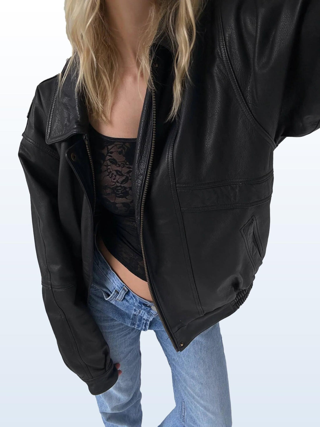 Women's Rich Matte Black Classic Oversized Straight Cut Sheepskin Leather