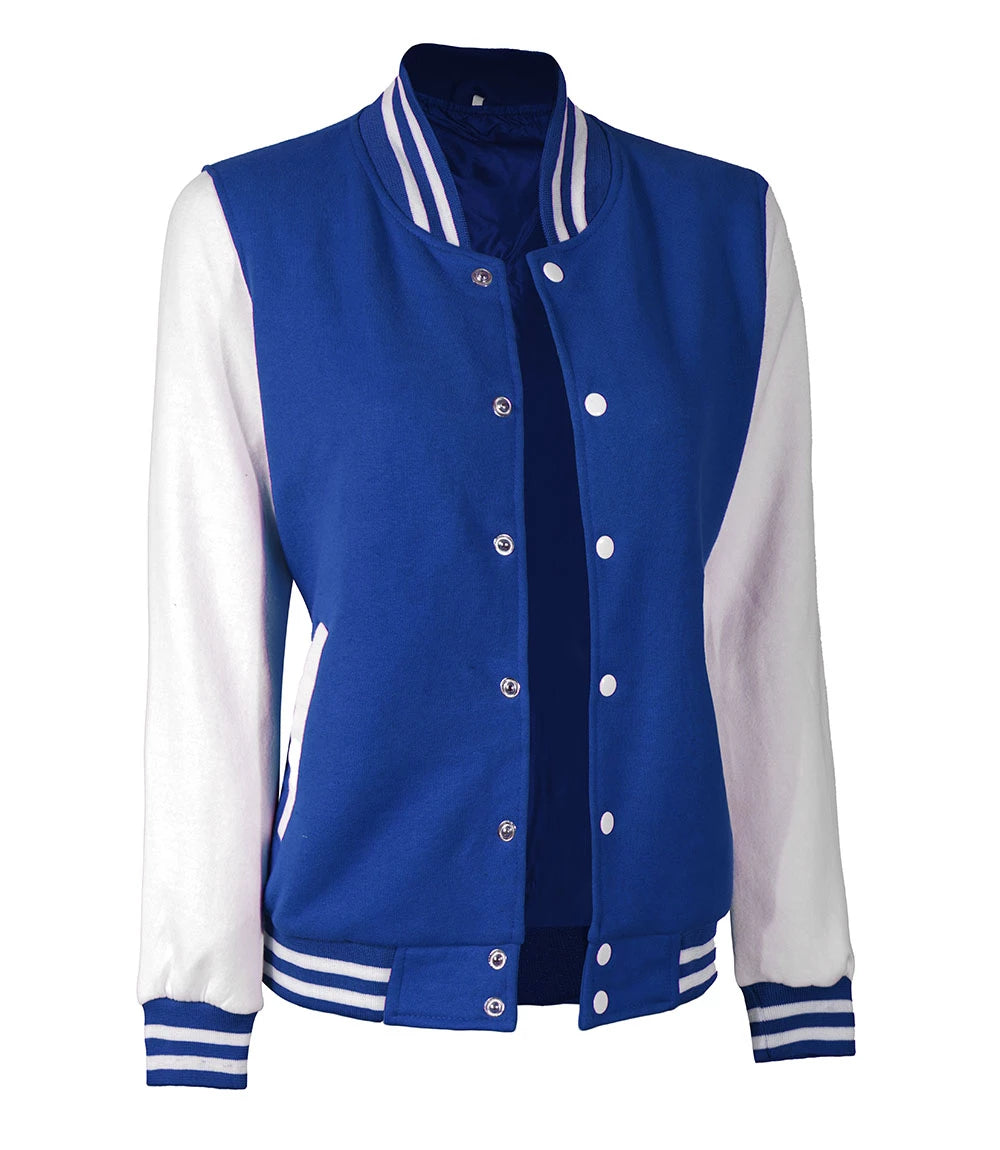 Chaqueta Letterman azul rey y blanca para mujer - Estilo bomber