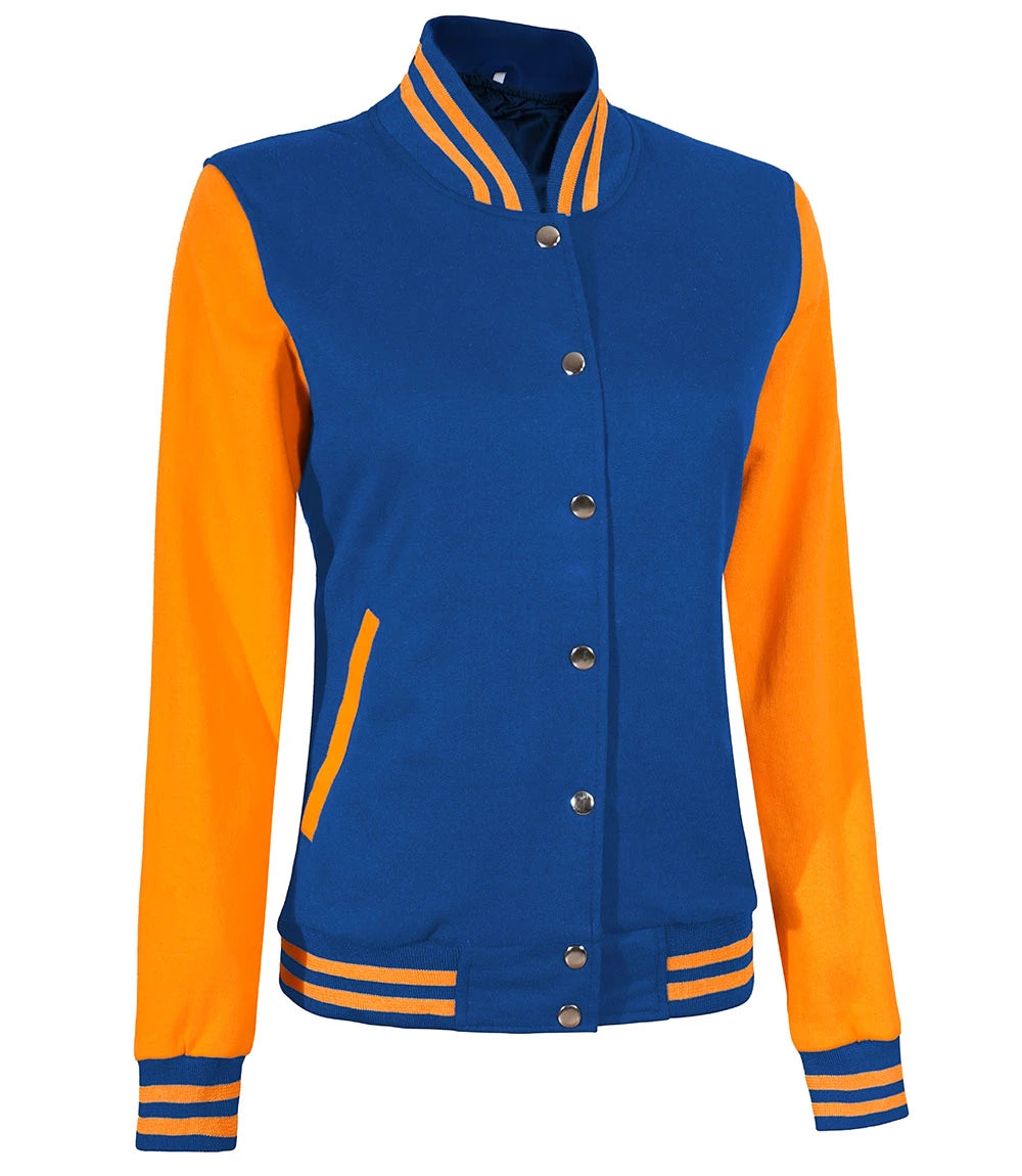 Chaqueta universitaria azul rey y amarilla para mujer - Estilo bomber
