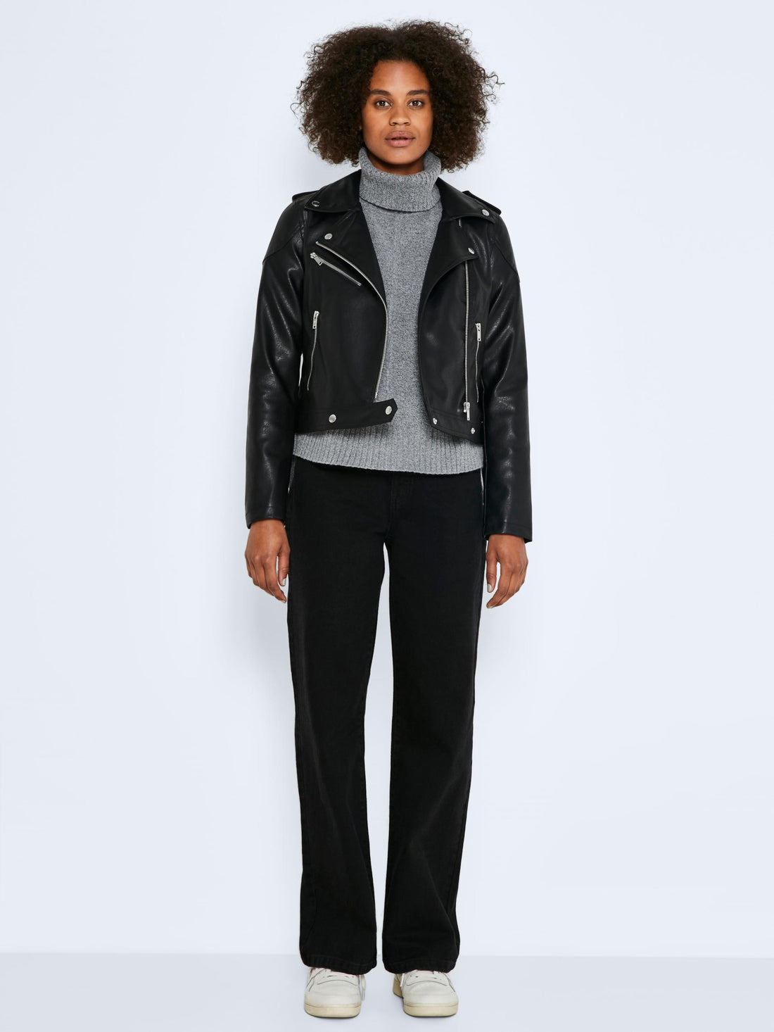 Women's Shoulder Strap Faux Leather Biker Jacket