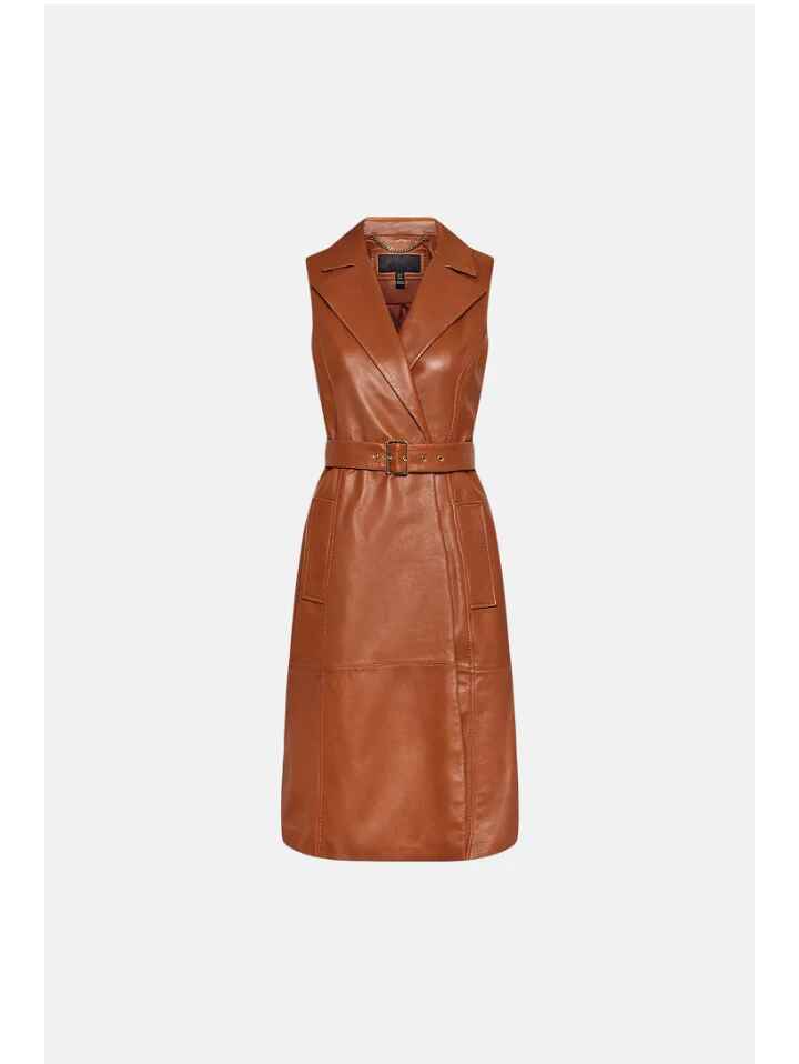 Women’s Sleeveless Tan Brown Leather Trench Coat