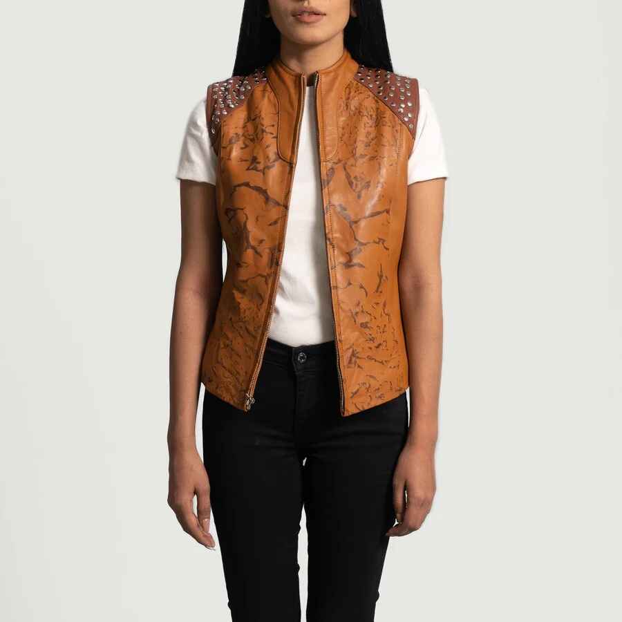 Chaqueta de cuero estilo motero marrón tostado para mujer