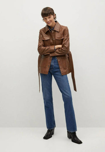 Women’s Tan Brown Leather Short Trench Coat