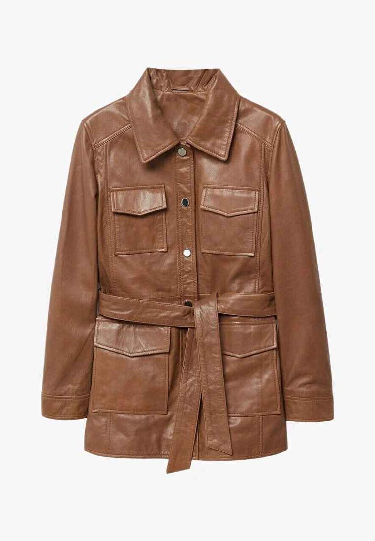 Women’s Tan Brown Leather Short Trench Coat