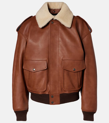 Women's Trimmed Brown Aviator Bomber Leather Jacket