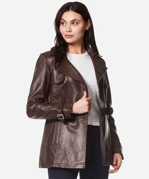 Women's VENICE Double Breasted Leather Short Trench Coat
