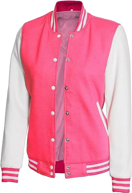 Chaqueta universitaria blanca y rosa para mujer - Estilo bombardero de béisbol