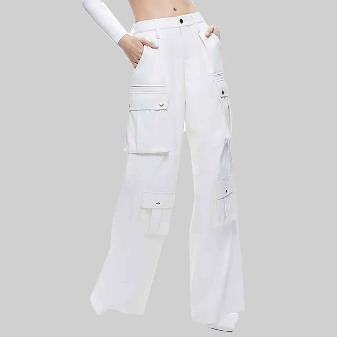 Weiße Cargohose aus Leder mit weitem Bein für Damen