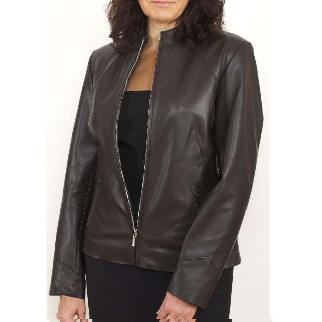 Damen Braune Schlichte Lederjacke