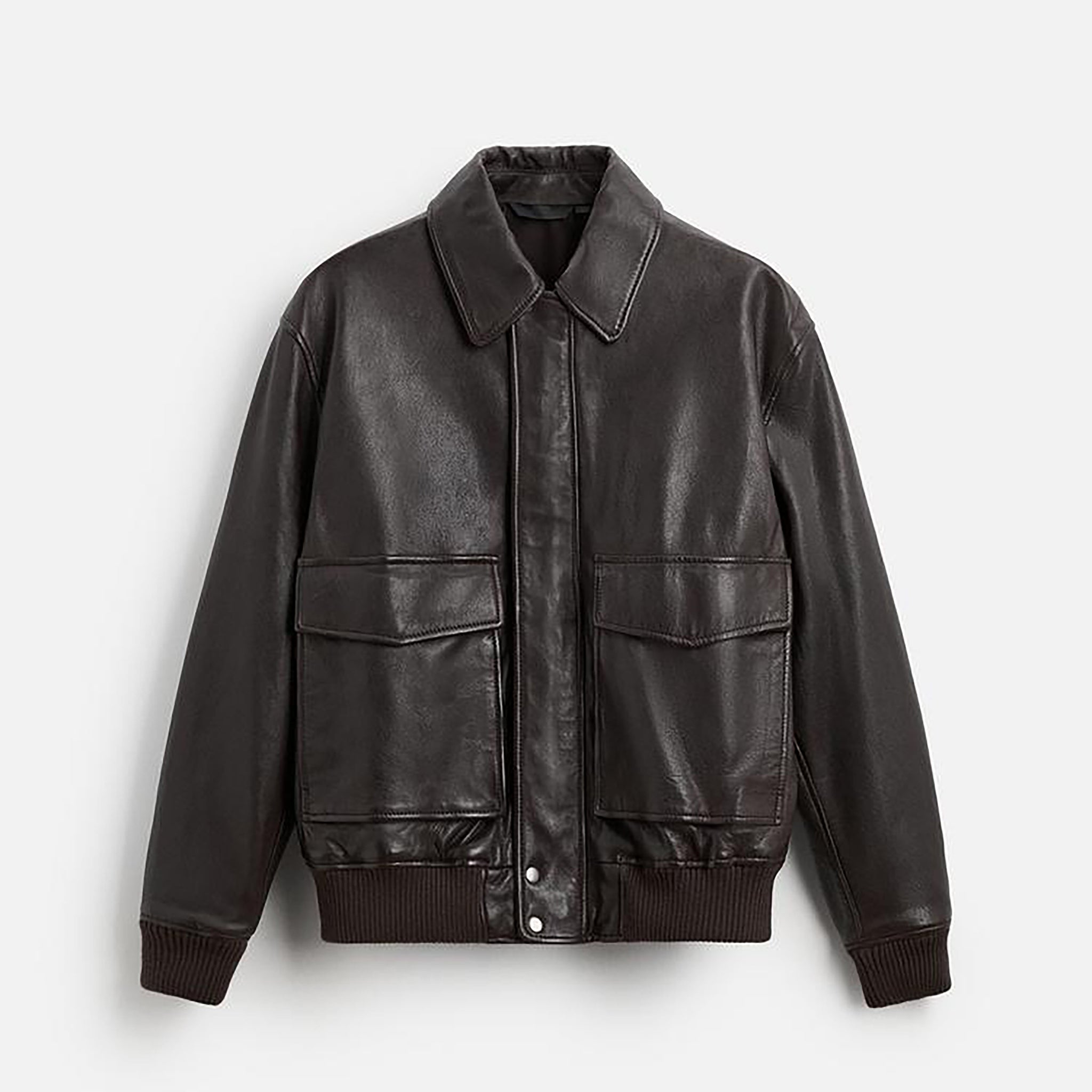 Men's Leather Bomber Jacket With Pockets