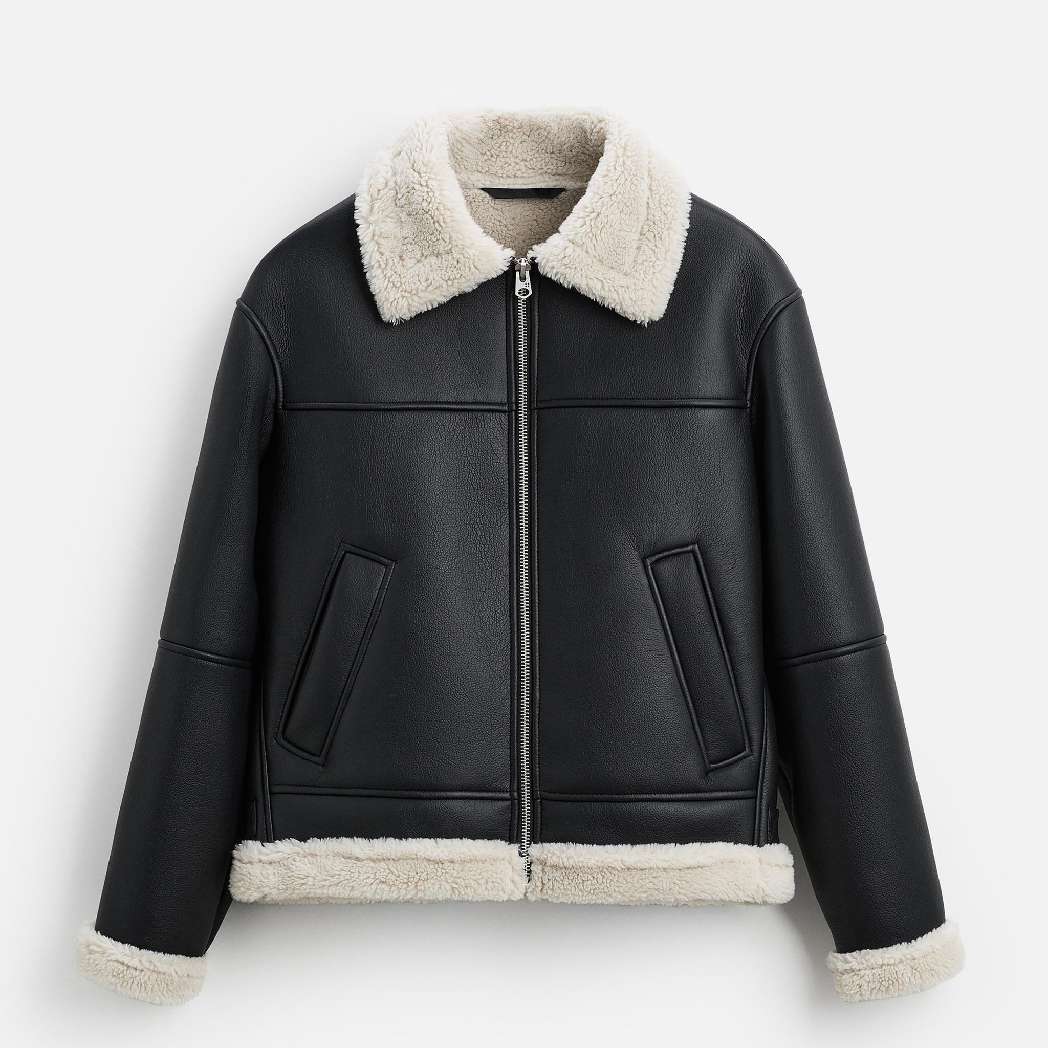 Relaxed fit Leather Fur Shearling Jacket with a contrasting Faux