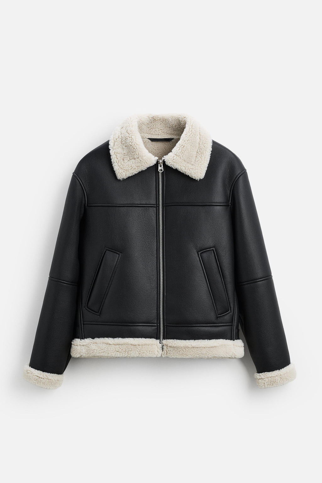 Relaxed fit Leather Fur Shearling Jacket with a contrasting Faux