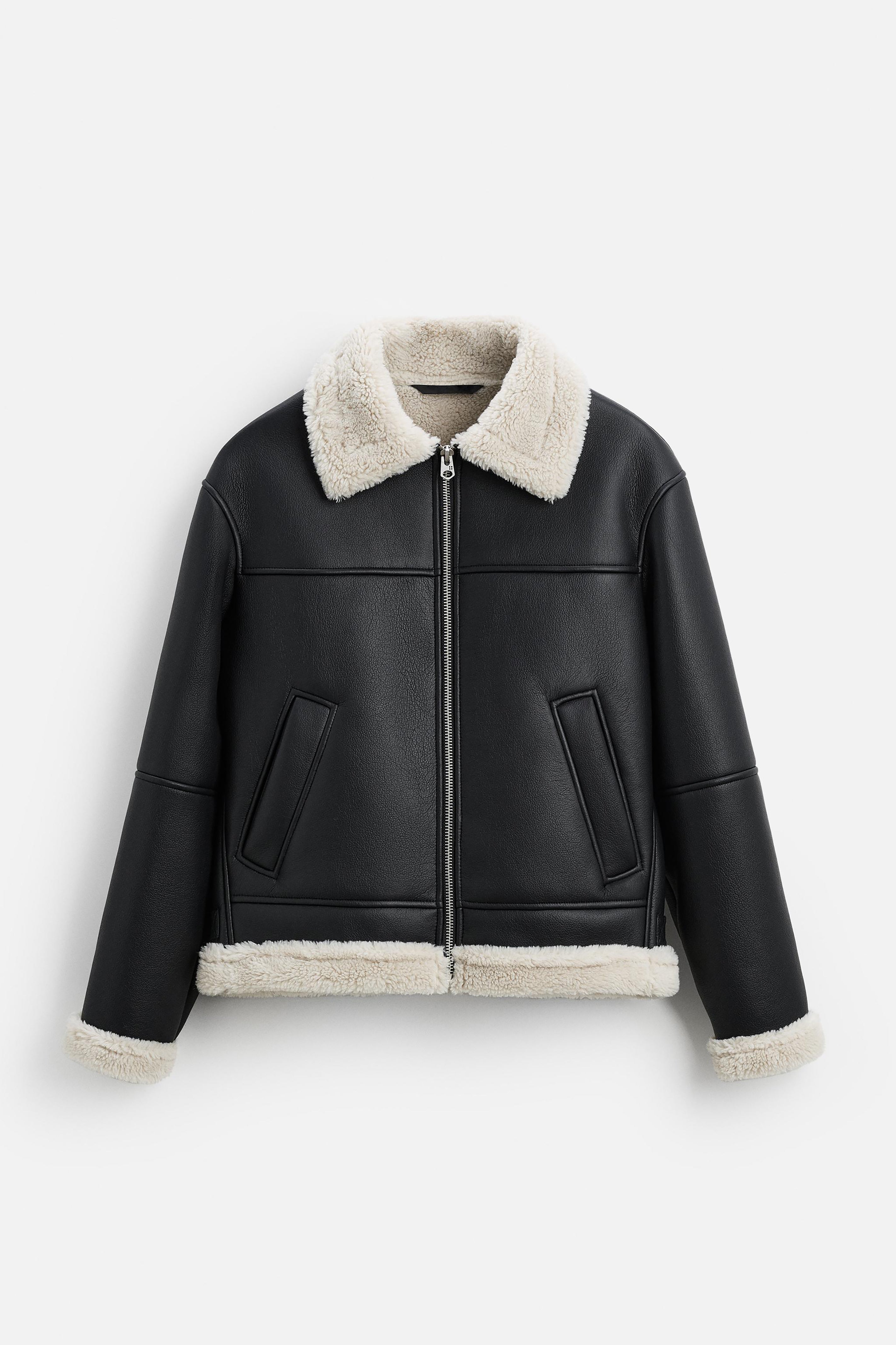 Relaxed fit Leather Fur Shearling Jacket with a contrasting Faux