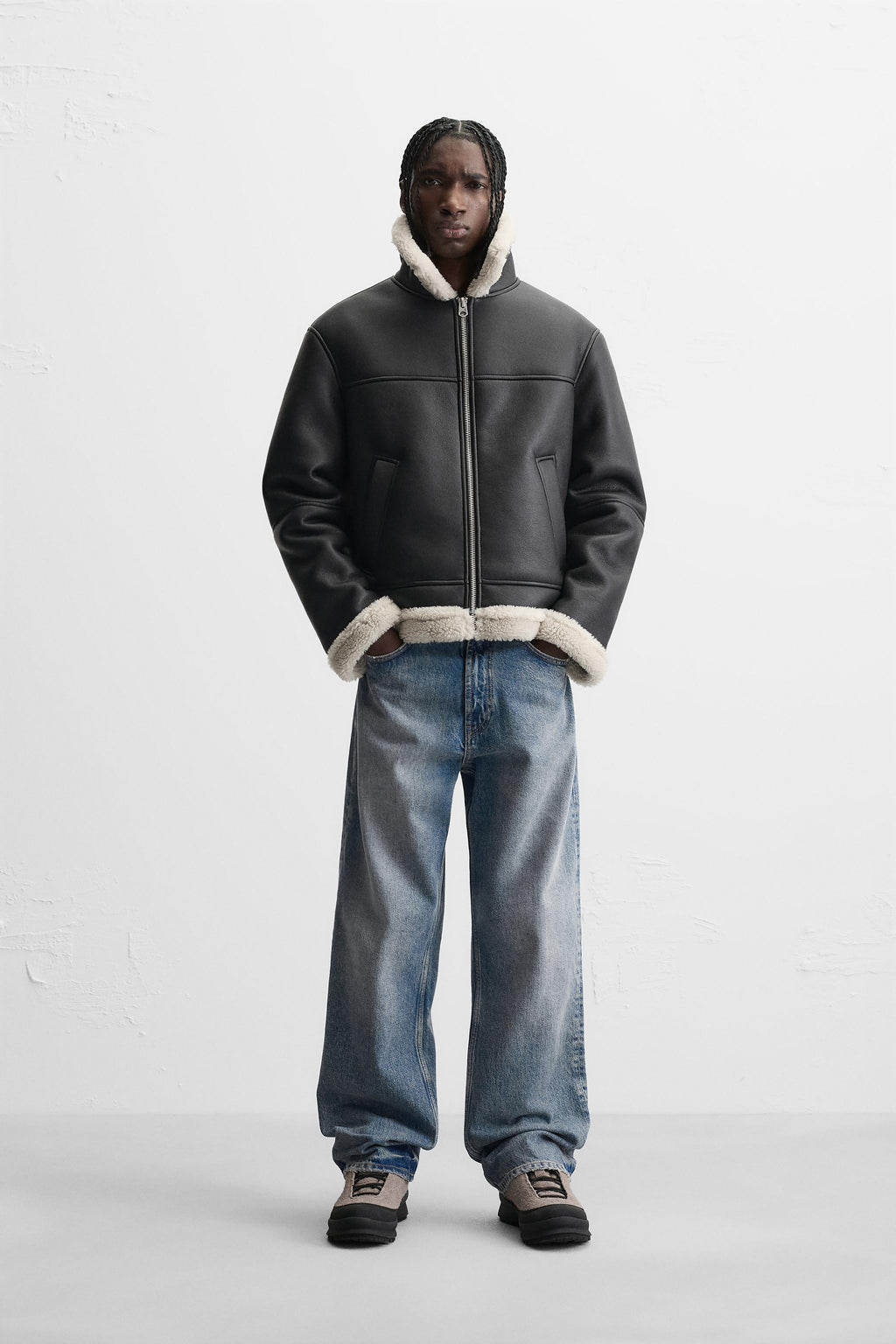 Relaxed fit Leather Fur Shearling Jacket with a contrasting Faux