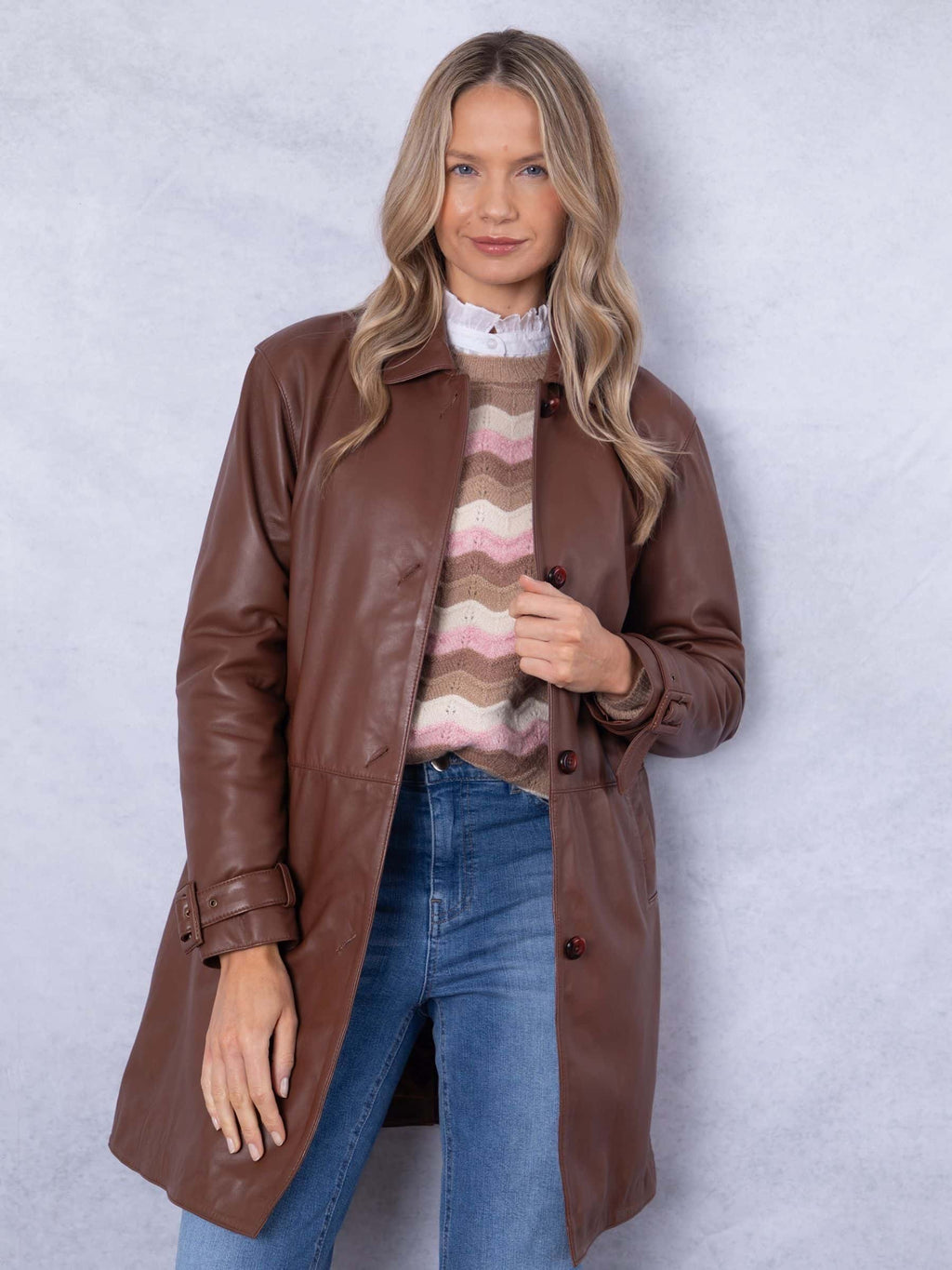 Women's Brown Button Down Leather Coat