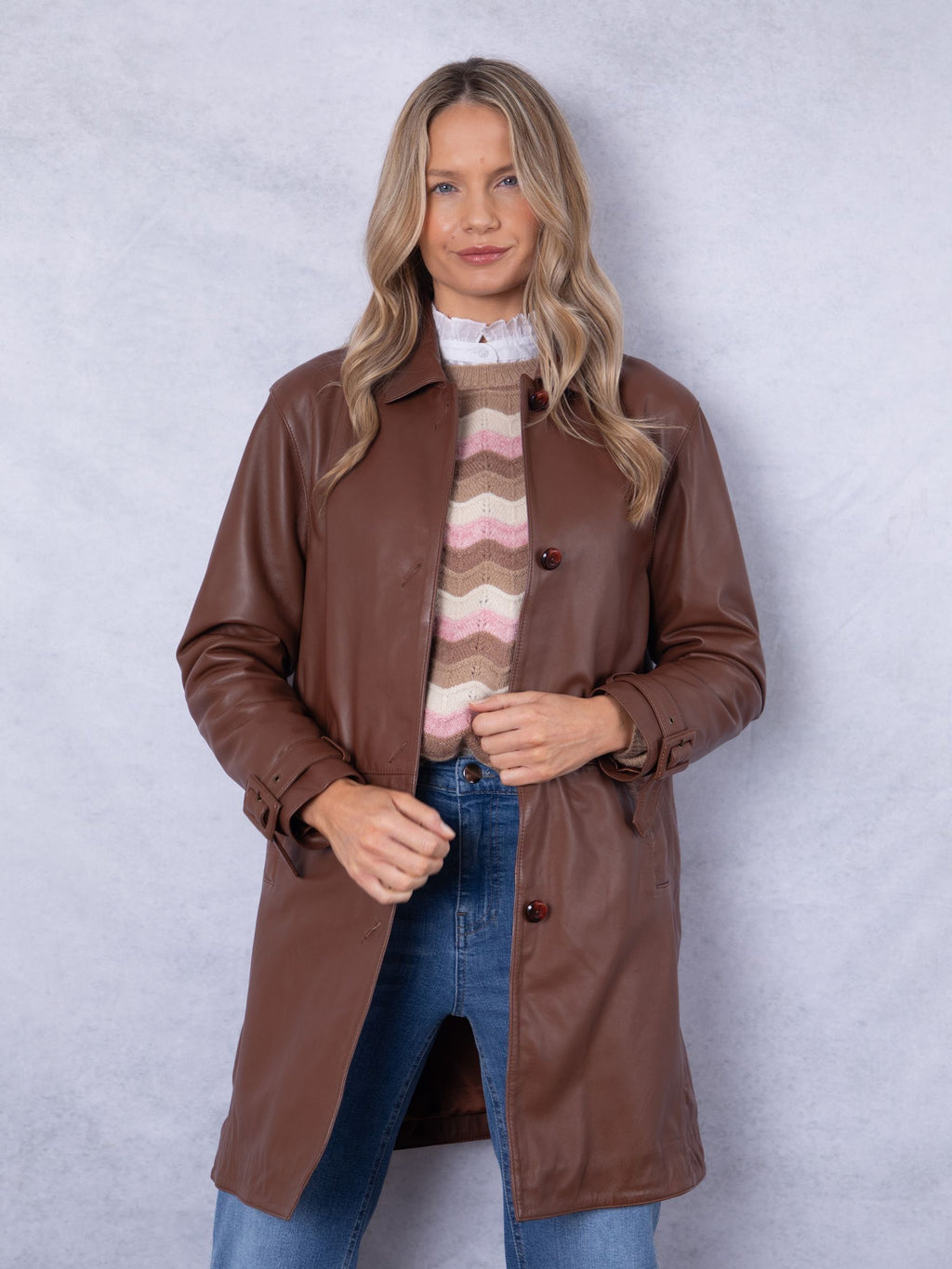 Women's Brown Button Down Leather Coat