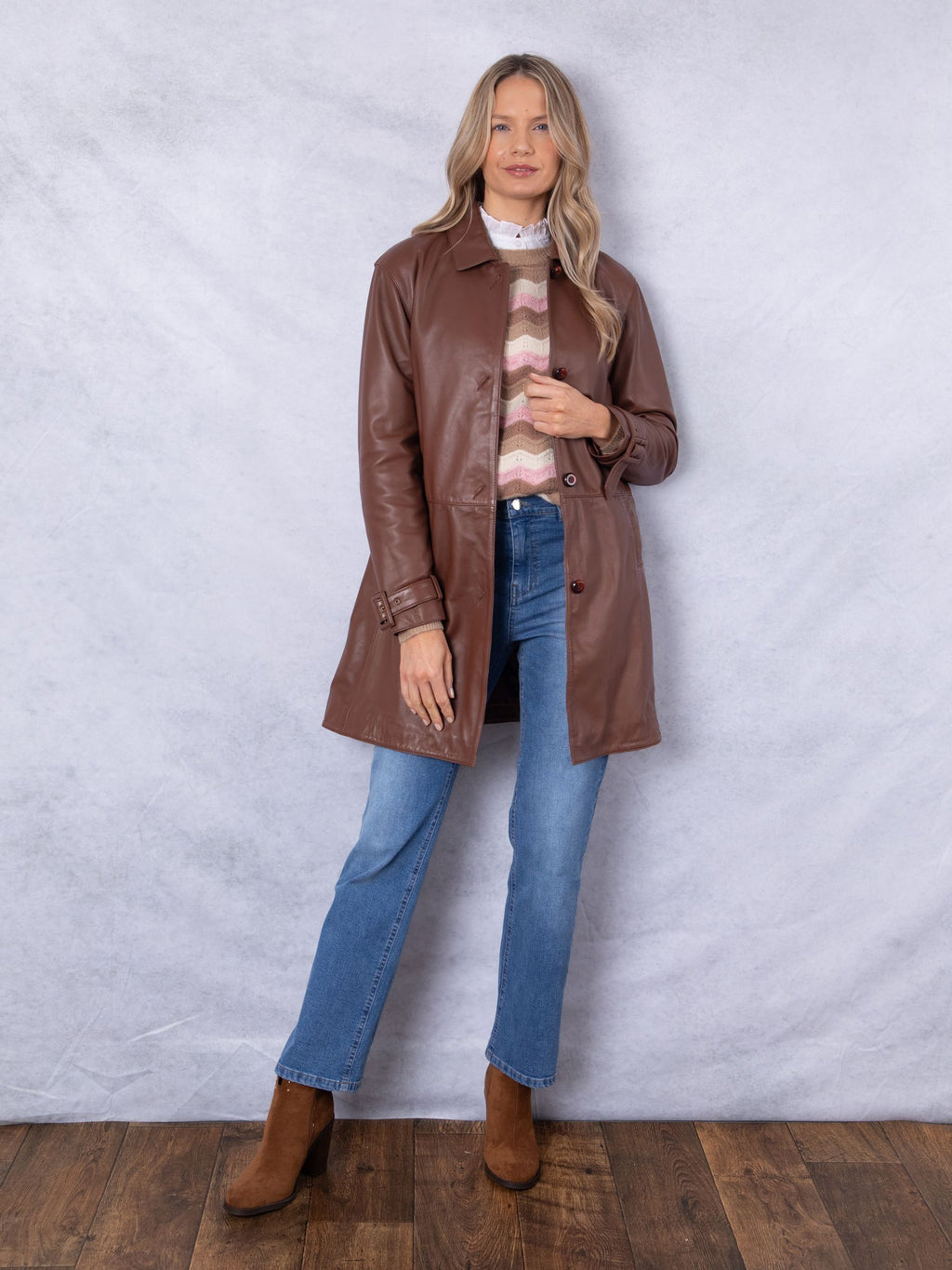 Women's Brown Button Down Leather Coat