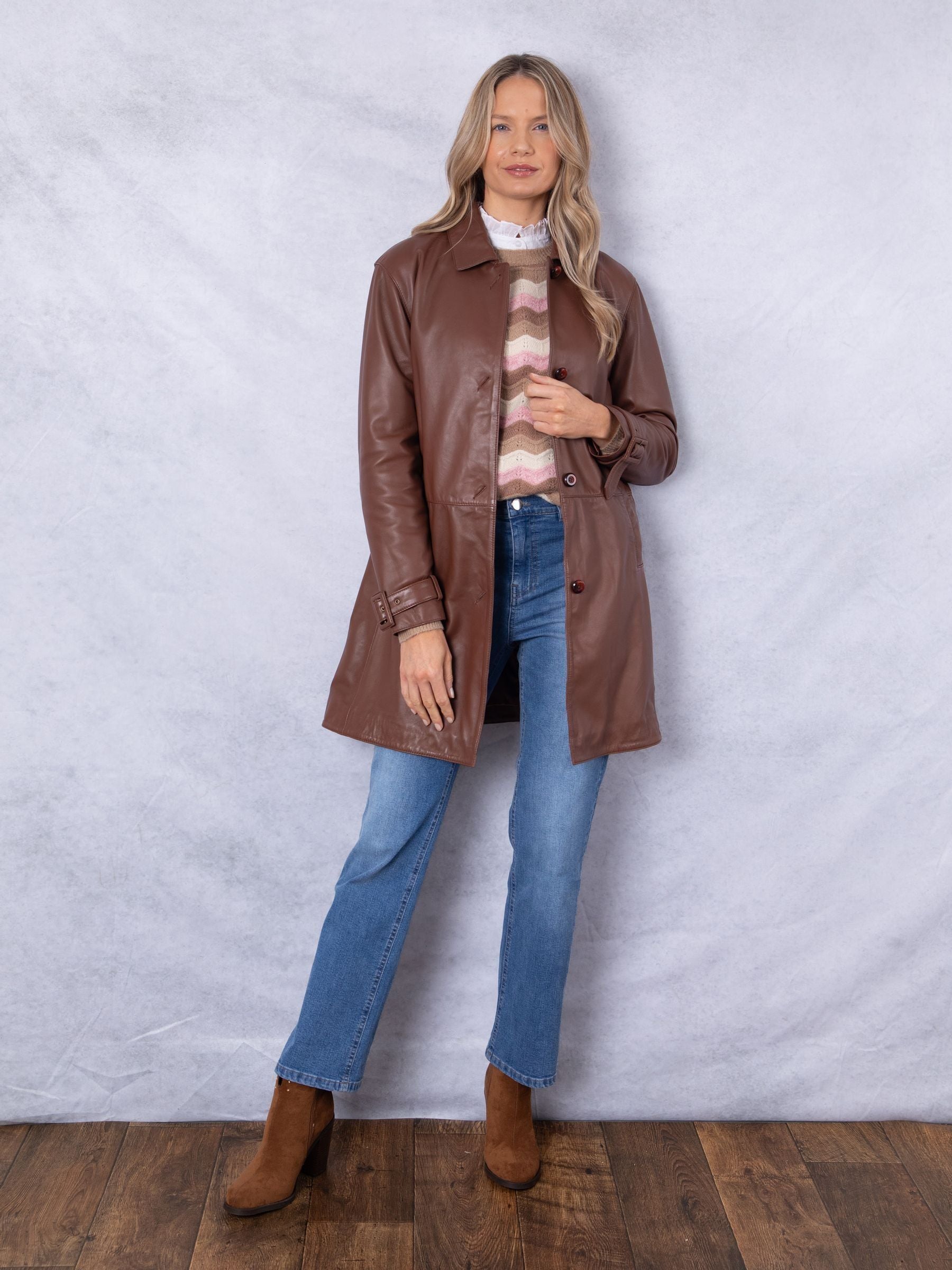 Women's Brown Button Down Leather Coat