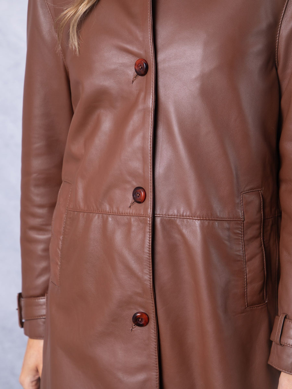 Women's Brown Button Down Leather Coat