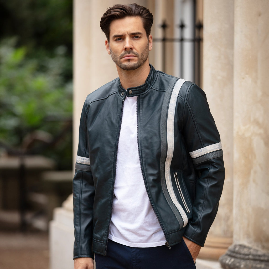 Sath Designed Leather Casual Jacket with Contrast Stripes