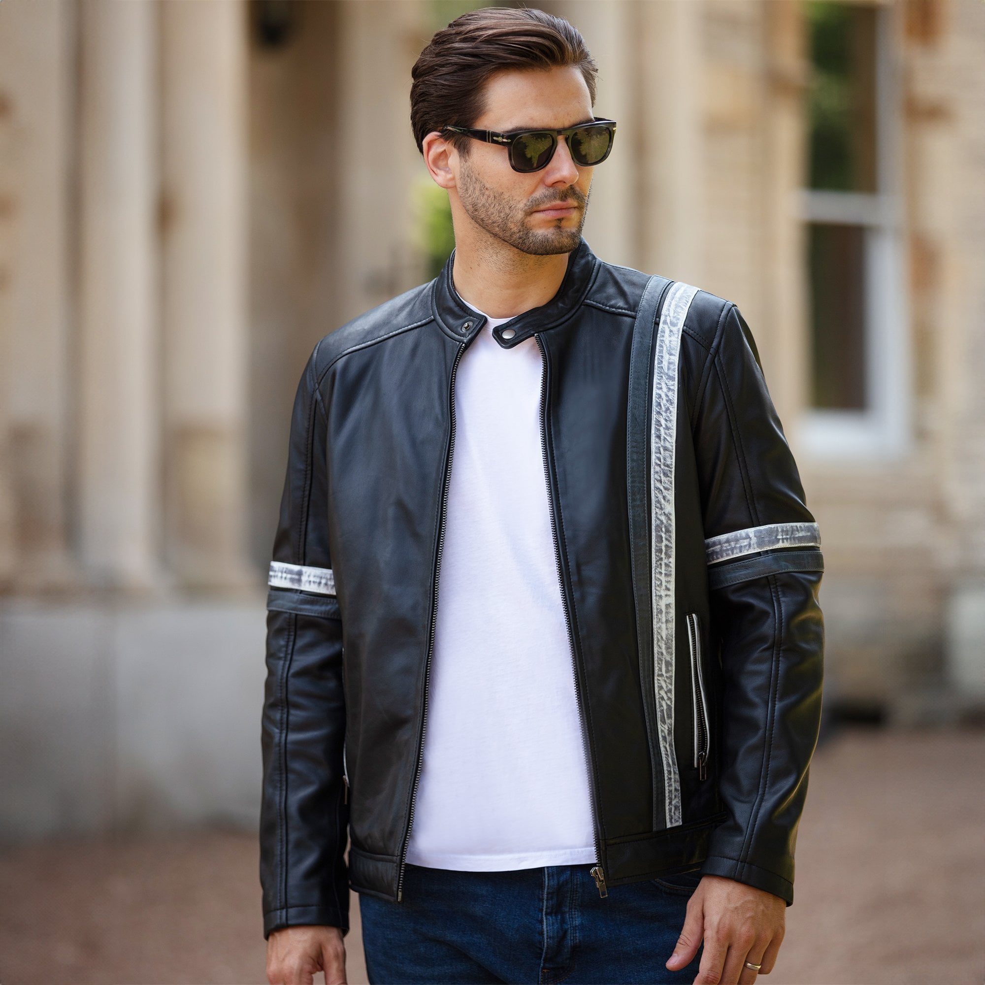 Sath Designed Leather Casual Jacket with Contrast Stripes