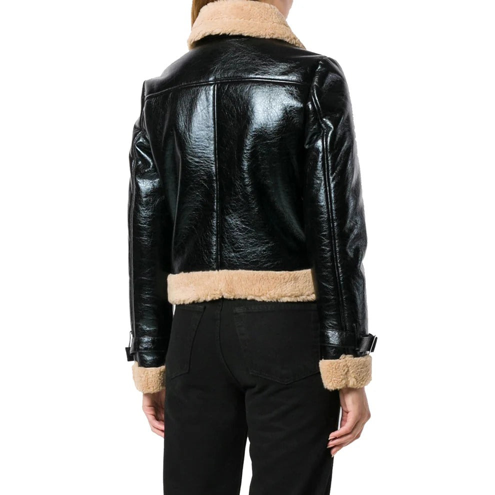 Schwarze B3-Lederjacke aus Shearling-Fur für Damen