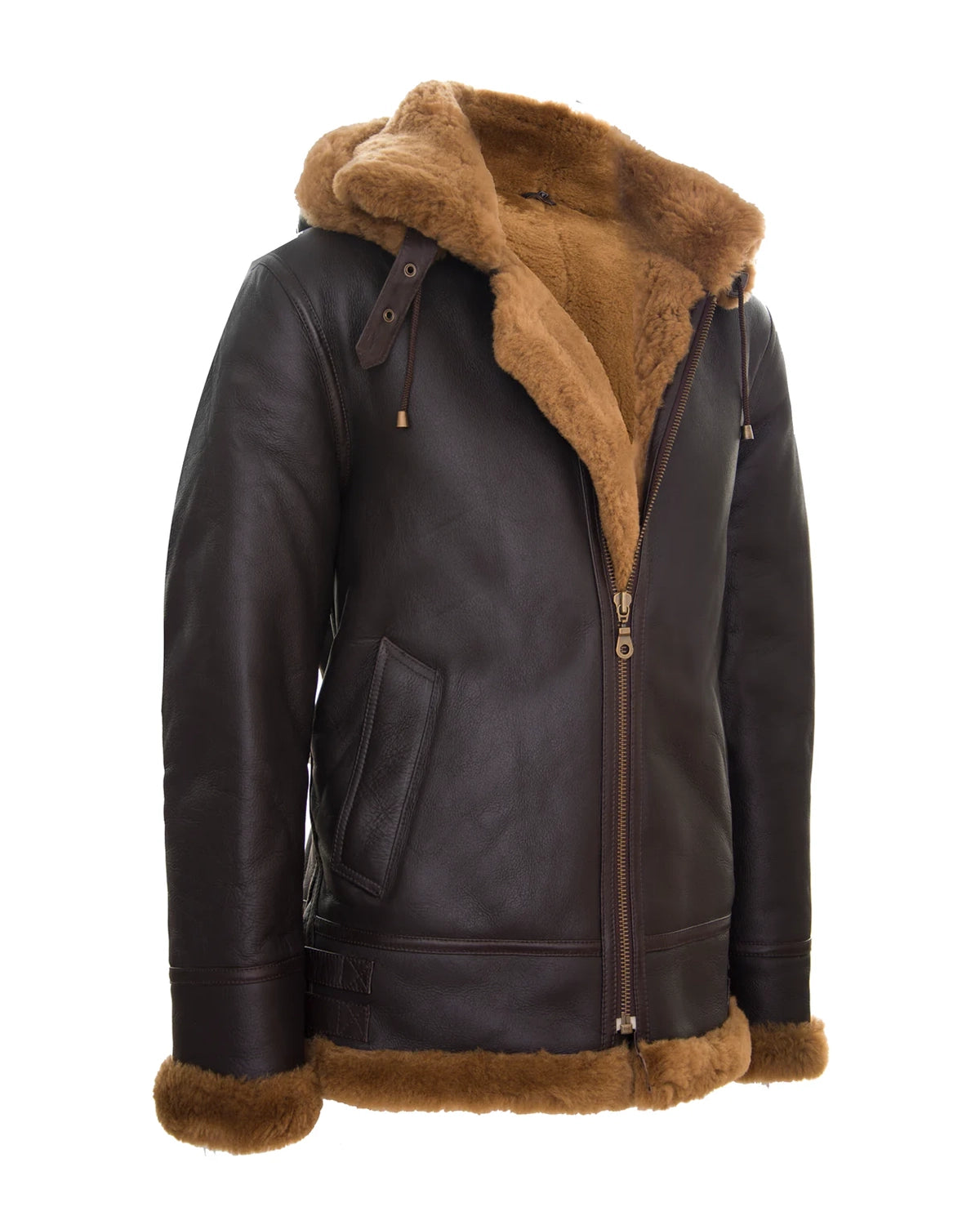 Men's B3 Sheepskin With Detachable Hood Leather Jacket Brown