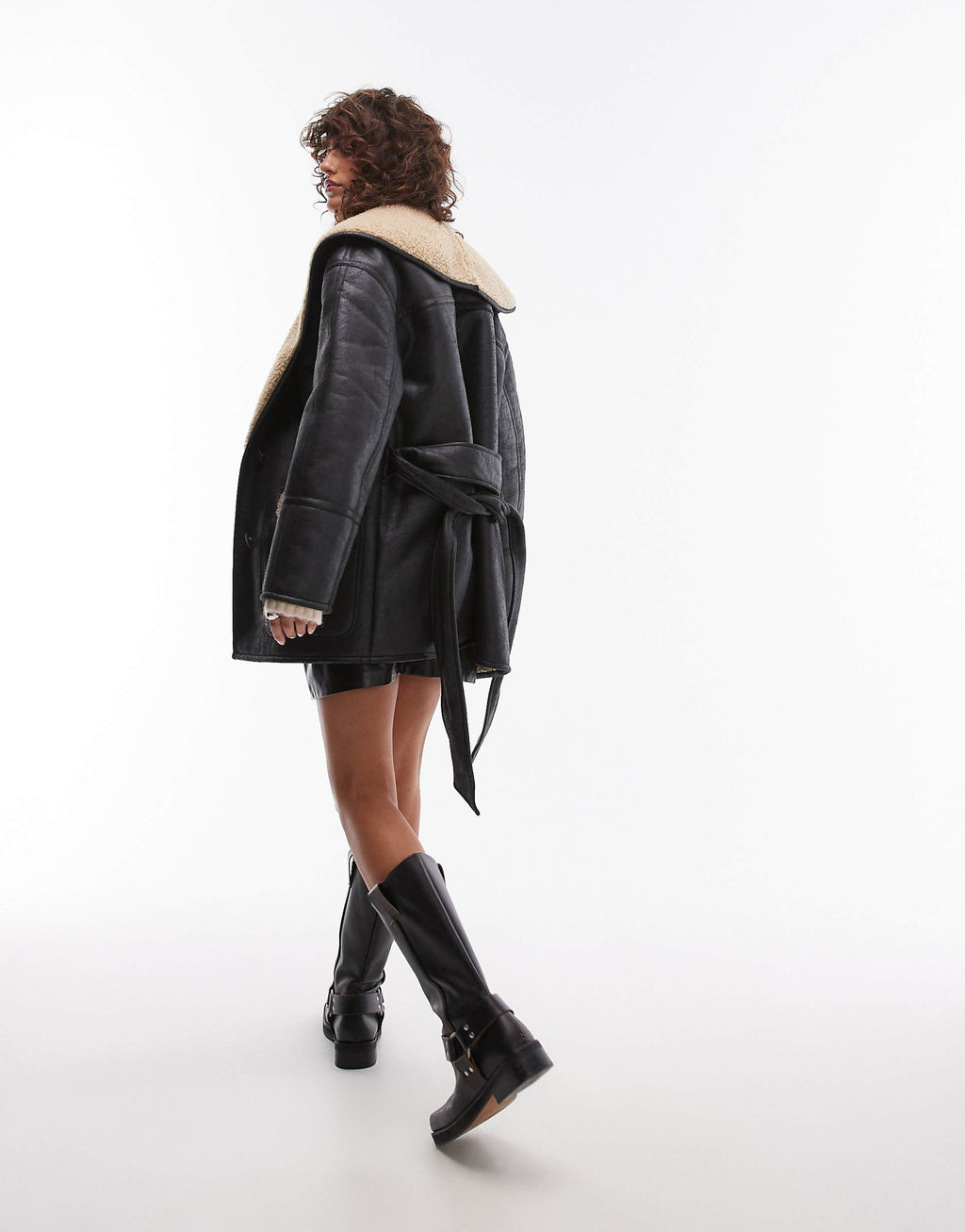 Belted Faux Feather Shearling Jacket