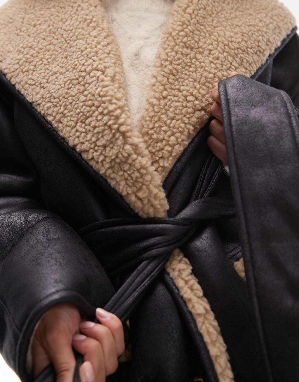 Belted Faux Feather Shearling Jacket