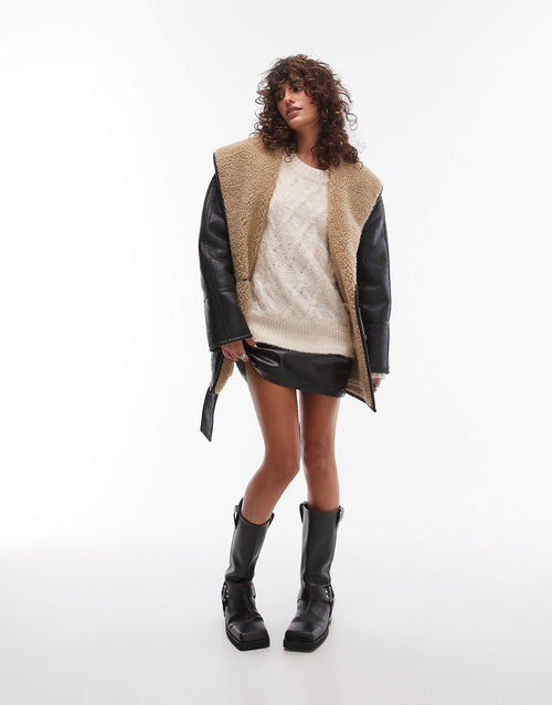 Belted Faux Feather Shearling Jacket