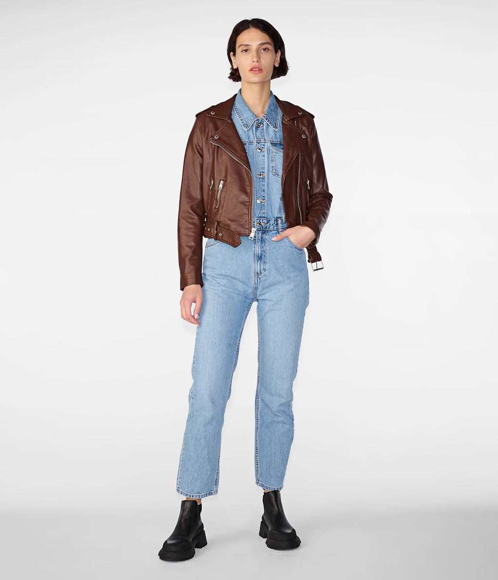 Women's Faux Leather Jacket In Chocolate Brown & Sage