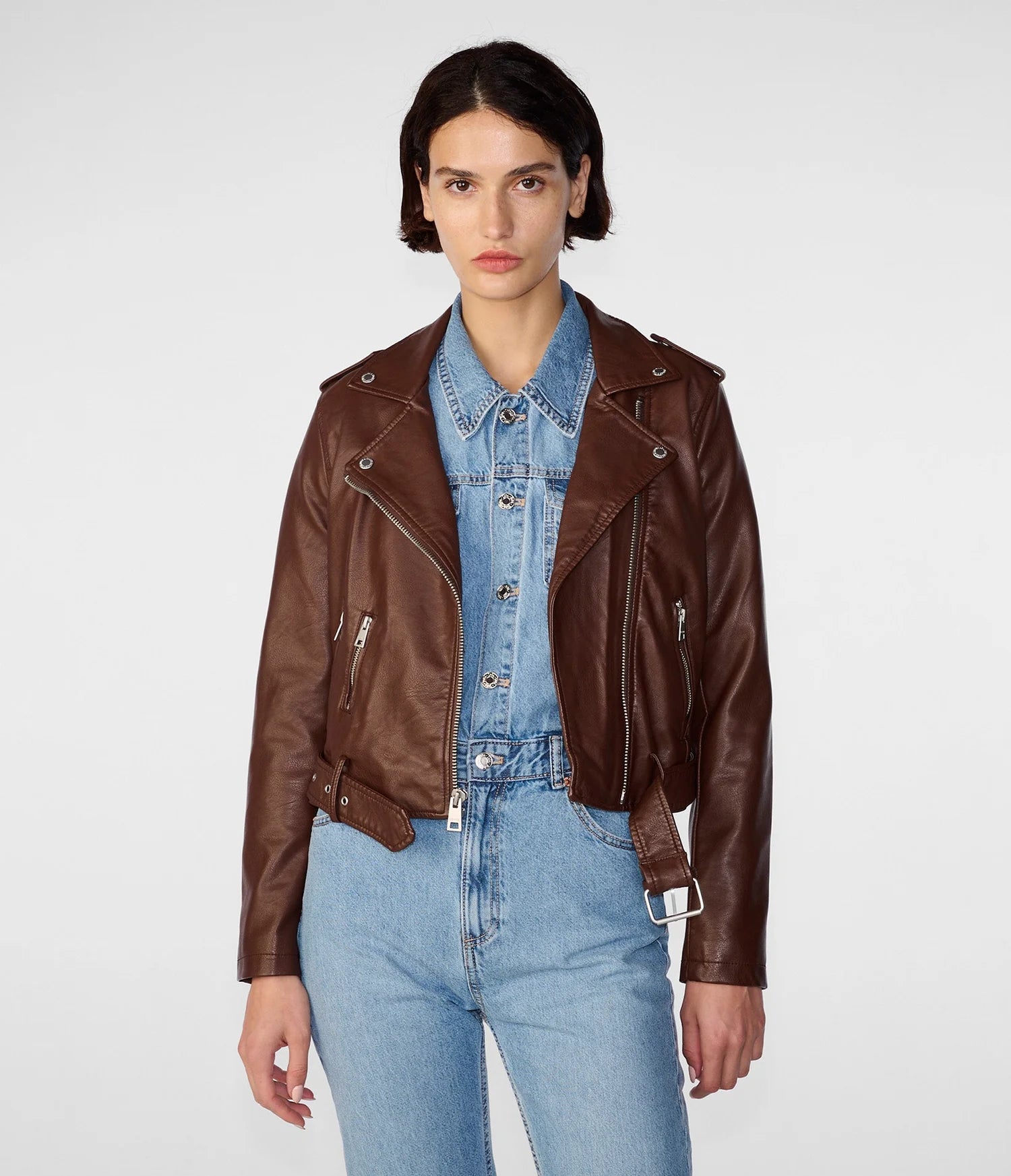 Women's Faux Leather Jacket In Chocolate Brown & Sage