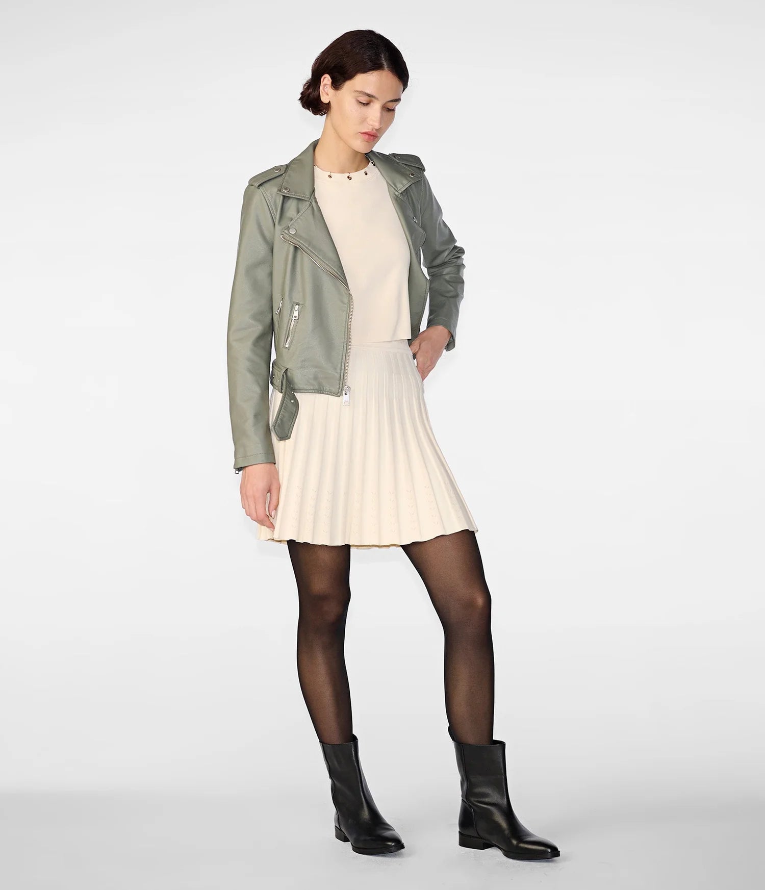 Women's Faux Leather Jacket In Chocolate Brown & Sage