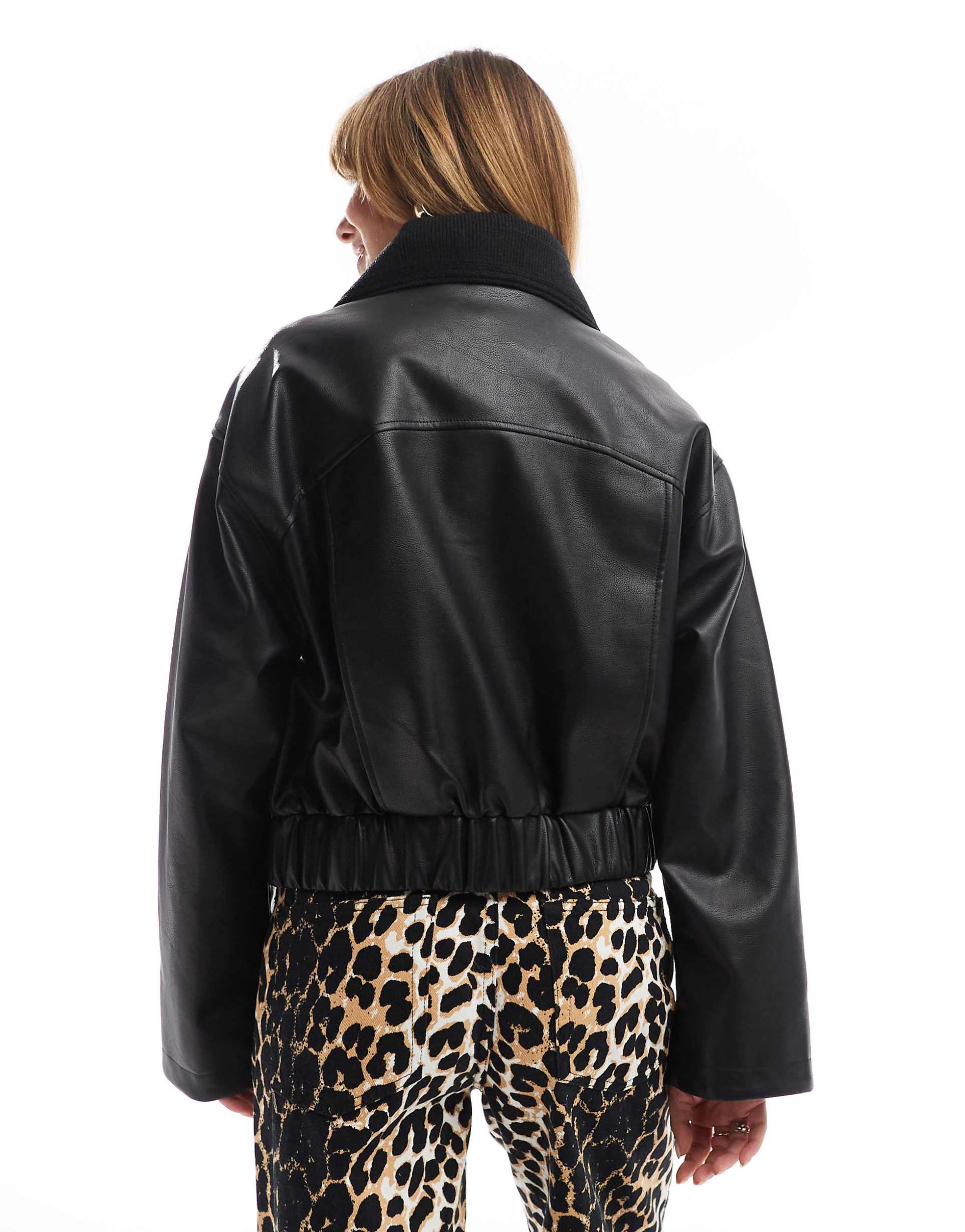 Leather Bomber Jacket with Knitted Collar