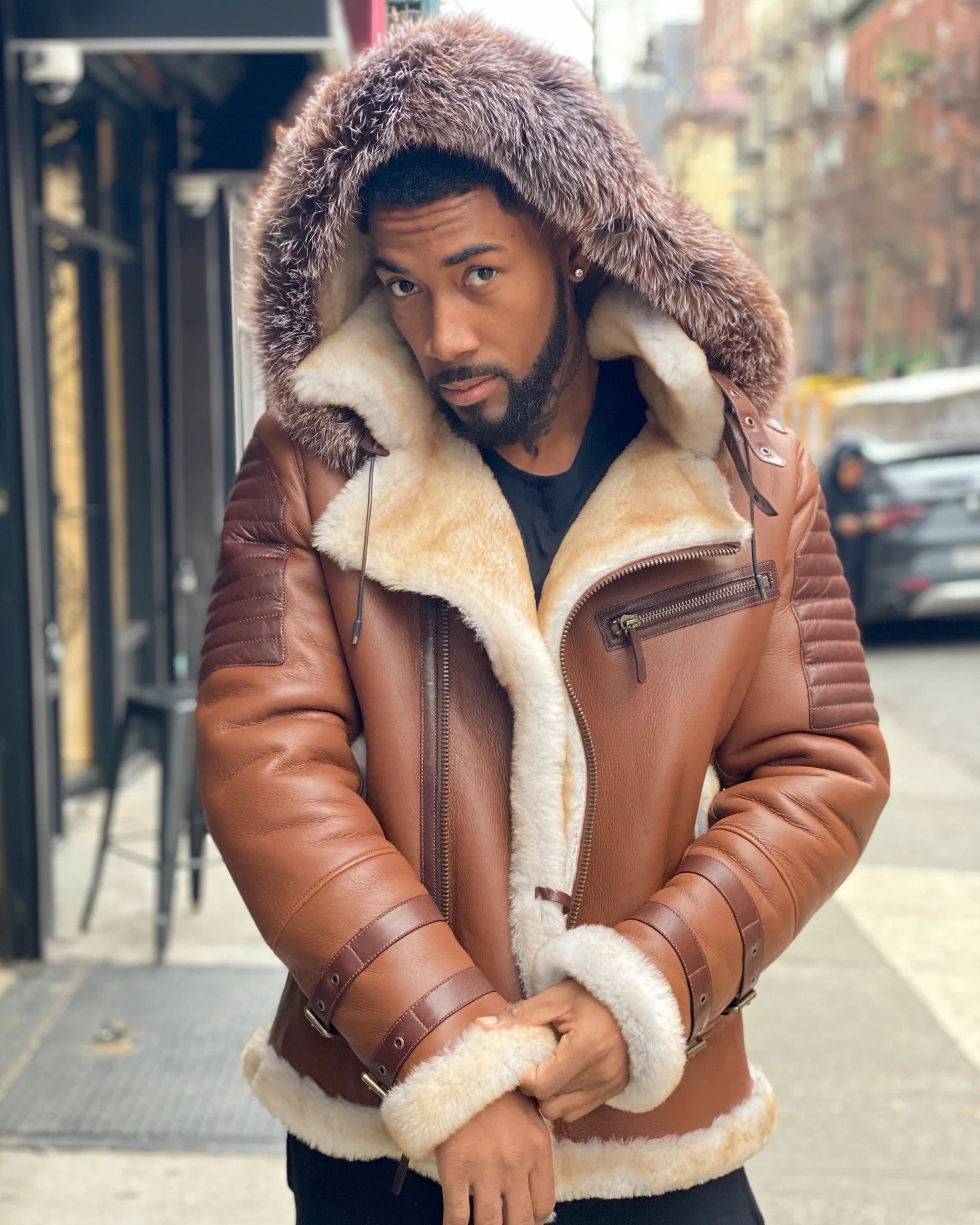 MEN's SHEARLING- TAN RIBBLES SHEARLING WITH FOX HOOD
