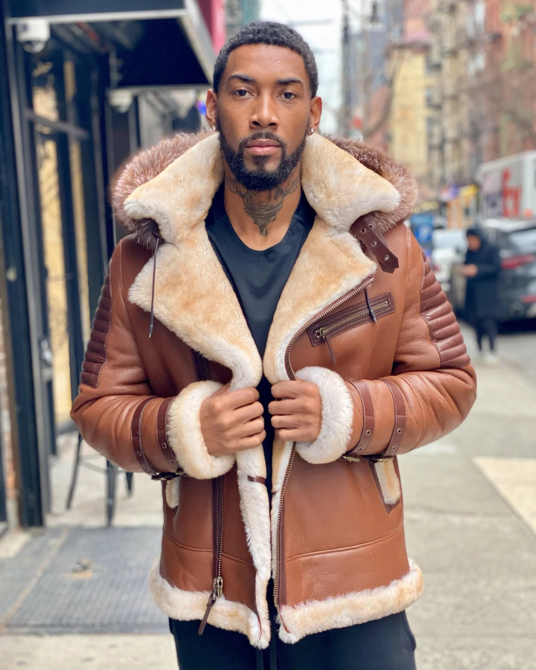 MEN's SHEARLING- TAN RIBBLES SHEARLING WITH FOX HOOD