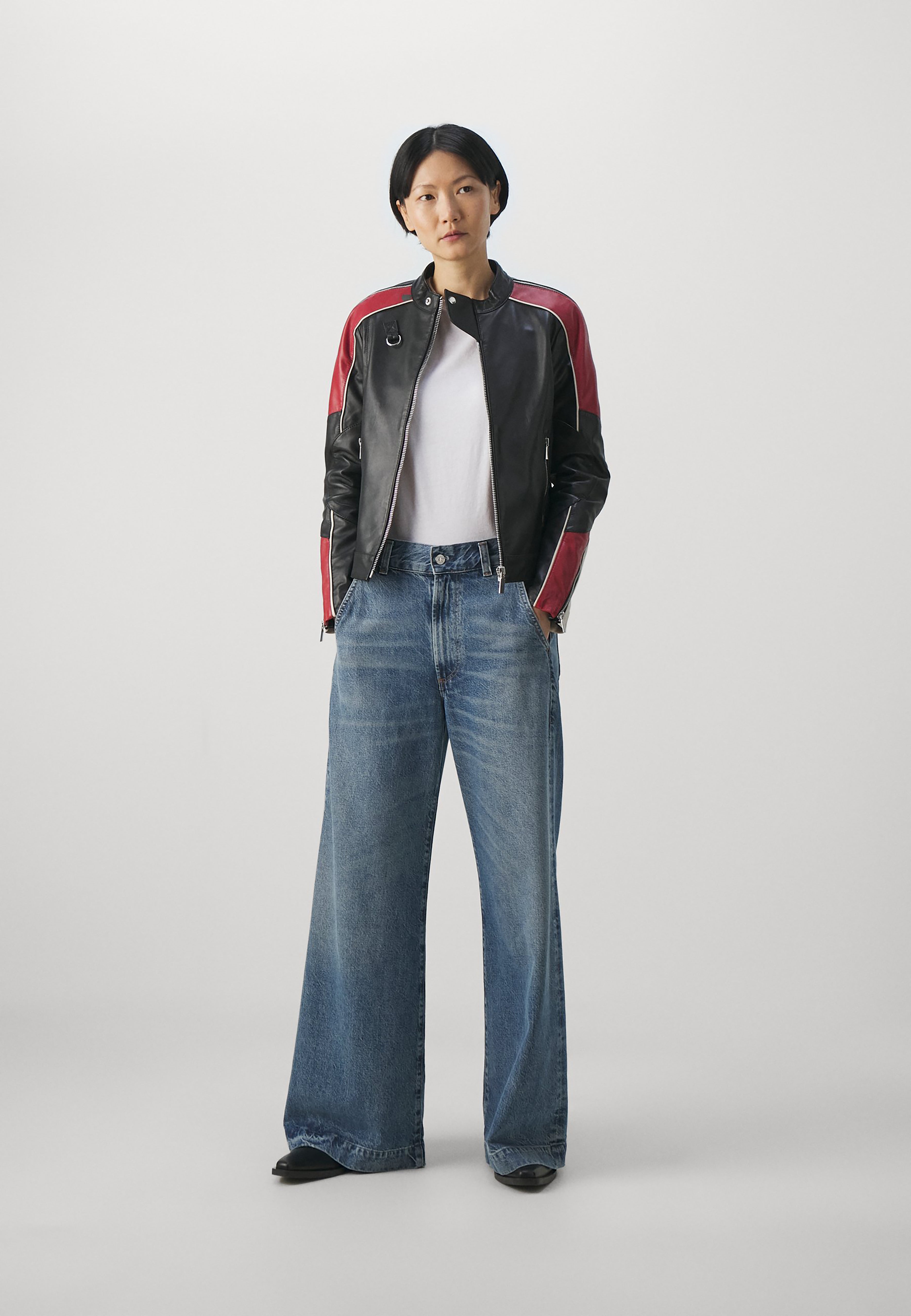 Women Moto Leather Biker Jacket Multicolor Shoulder Stripes