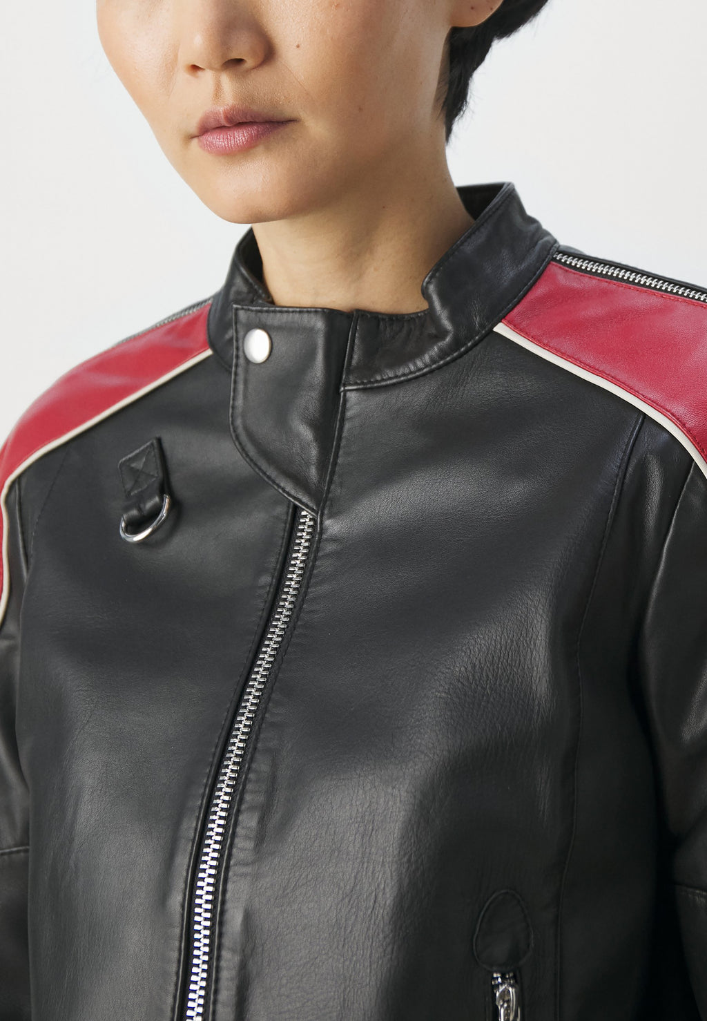 Women Moto Leather Biker Jacket Multicolor Shoulder Stripes