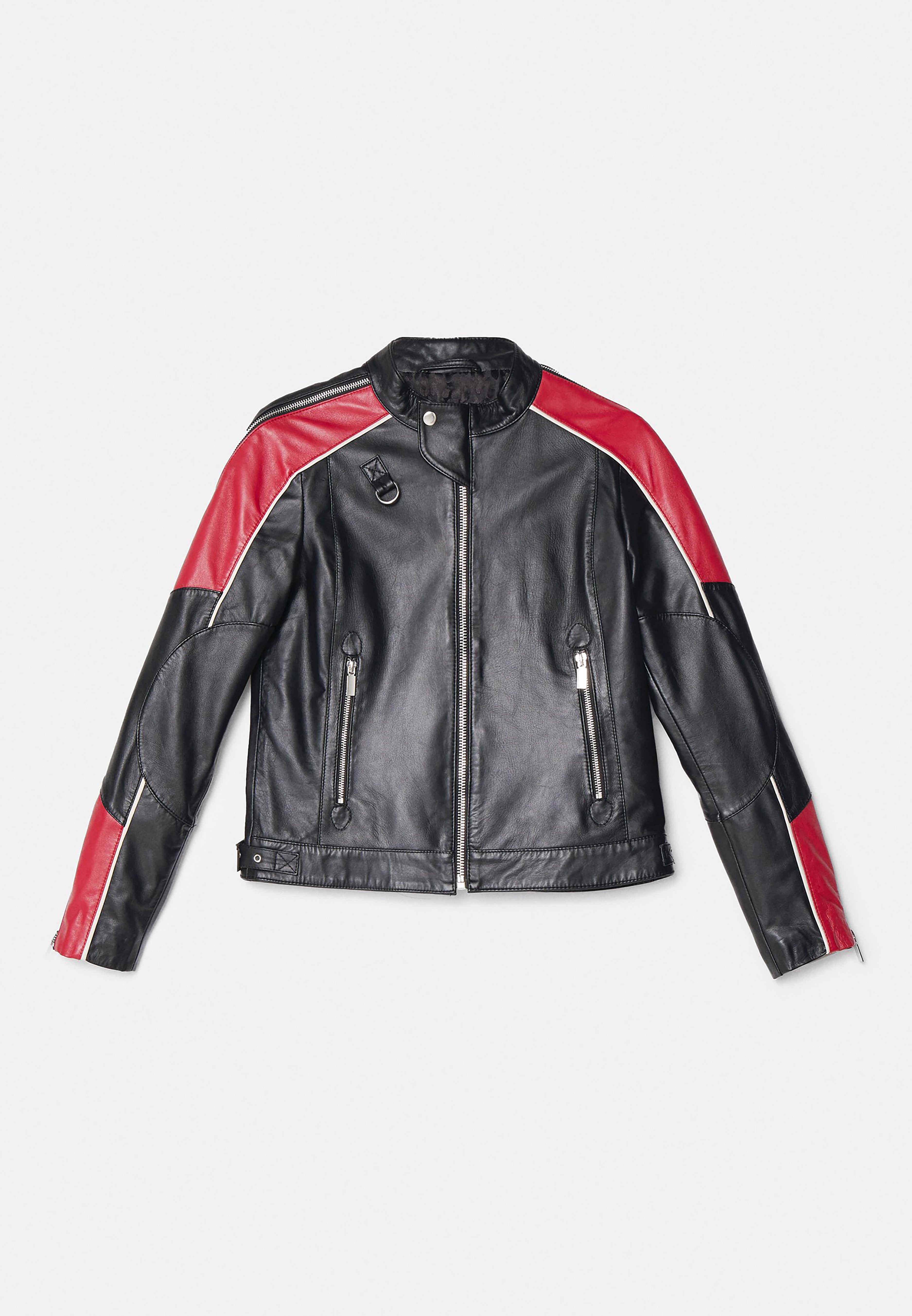 Women Moto Leather Biker Jacket Multicolor Shoulder Stripes