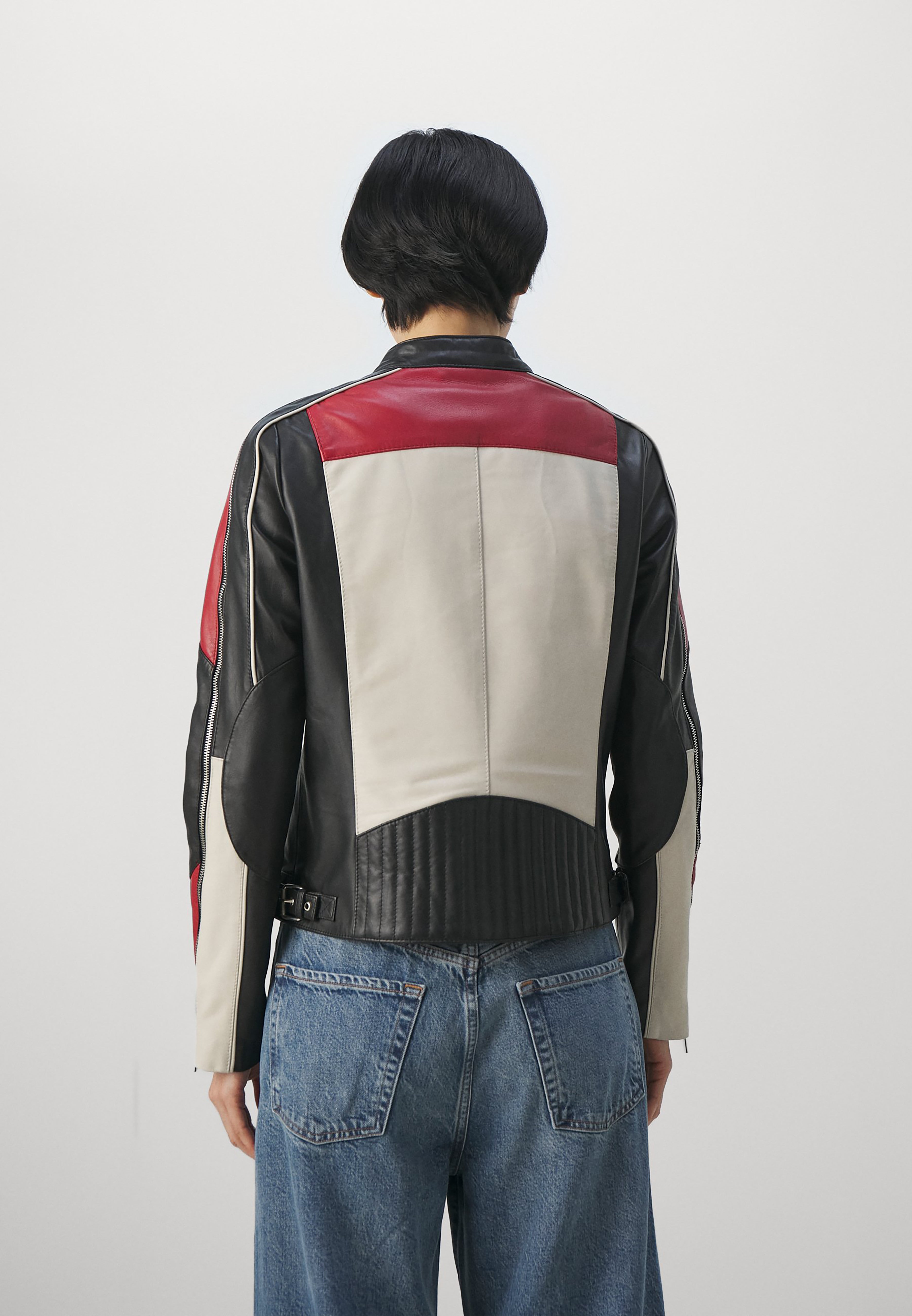 Women Moto Leather Biker Jacket Multicolor Shoulder Stripes