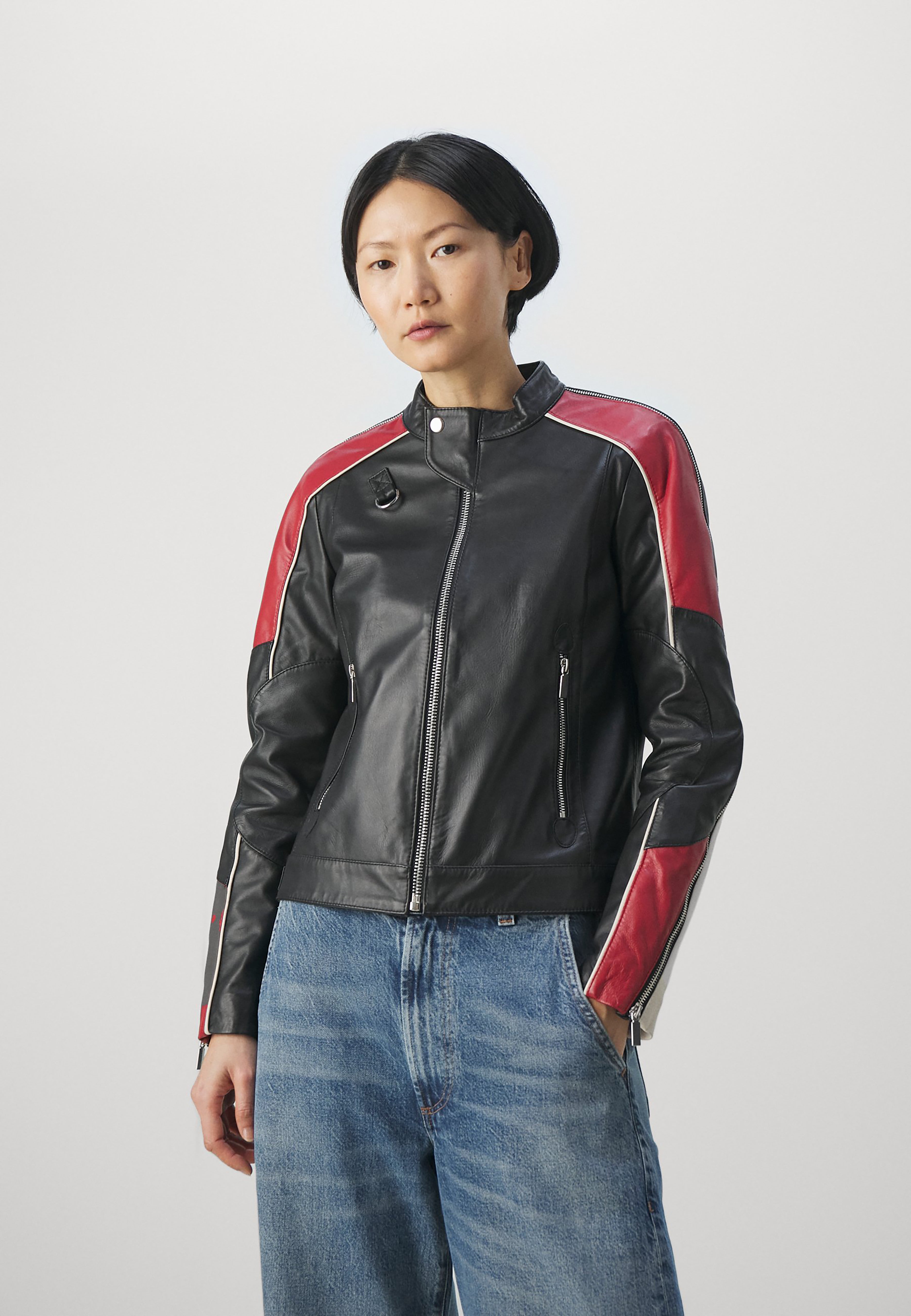 Women Moto Leather Biker Jacket Multicolor Shoulder Stripes
