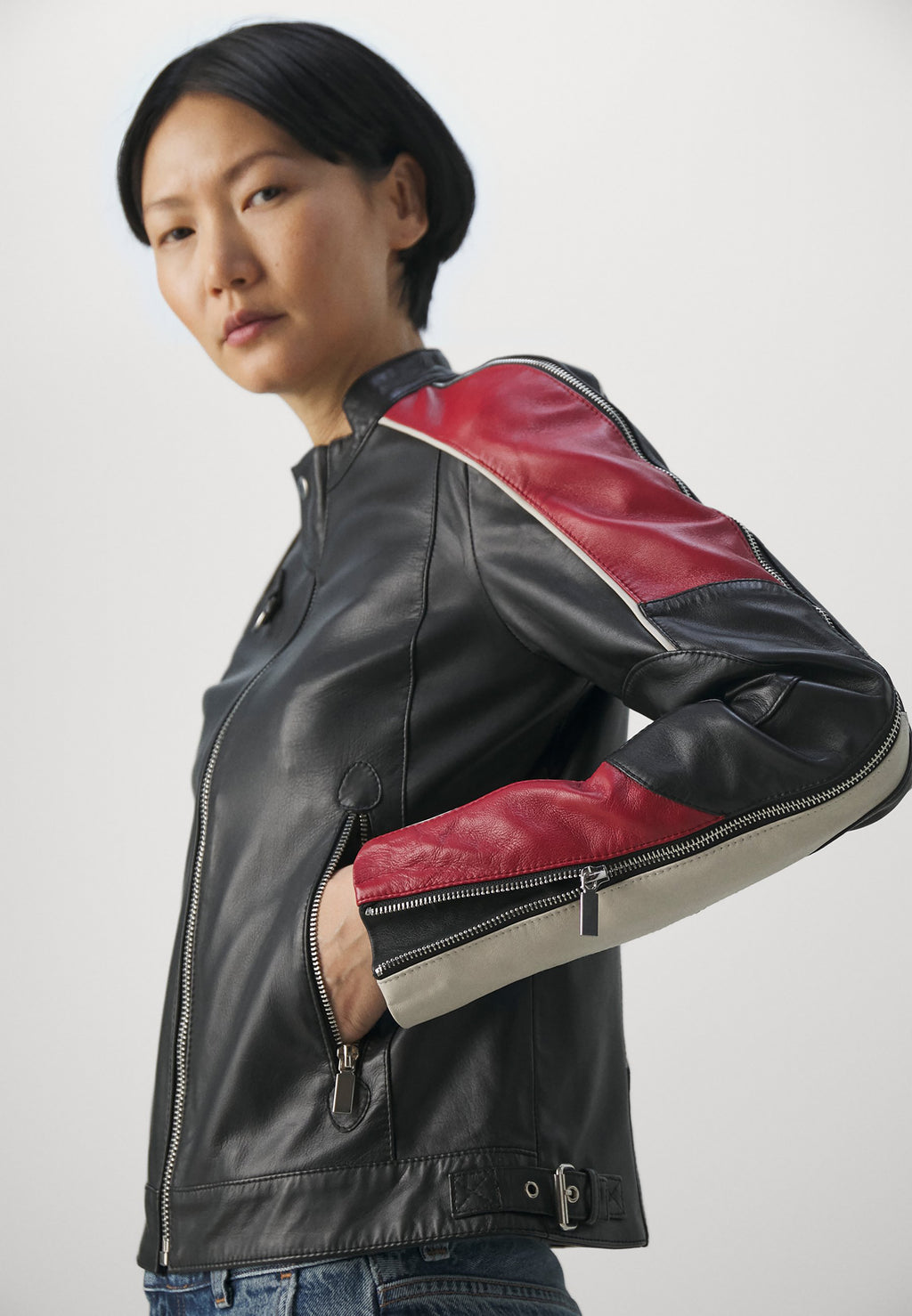 Women Moto Leather Biker Jacket Multicolor Shoulder Stripes