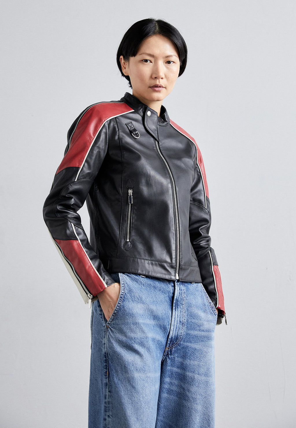 Women Moto Leather Biker Jacket Multicolor Shoulder Stripes