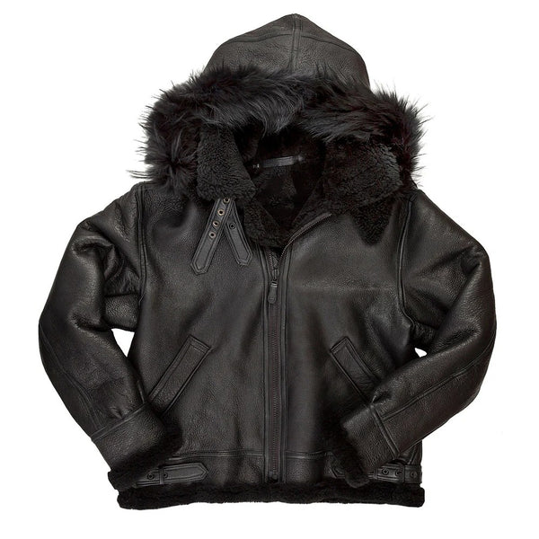 Men's All Black B-3 Hooded Sheepskin Leather Jacket