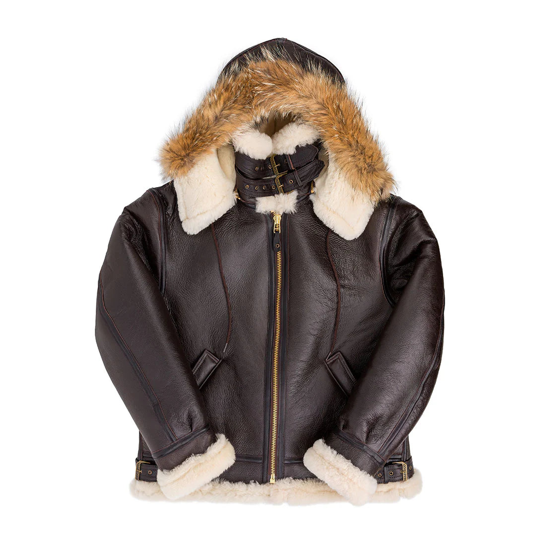 Men's B-3 Hooded Sheepskin Fur Bomber Leather Jacket