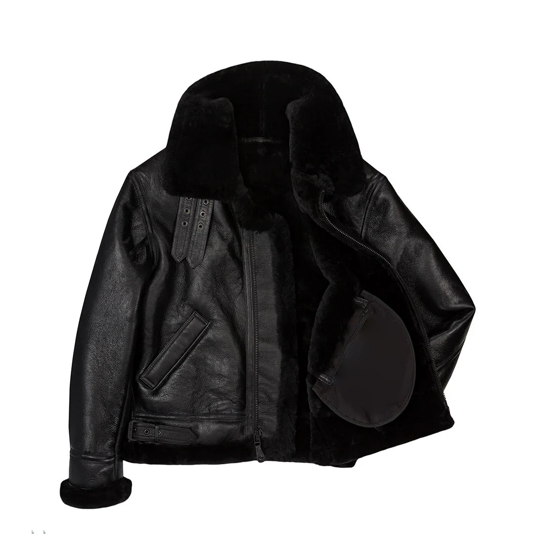 Men's B-3 Sheepskin Fur Leather Jacket - BLACK